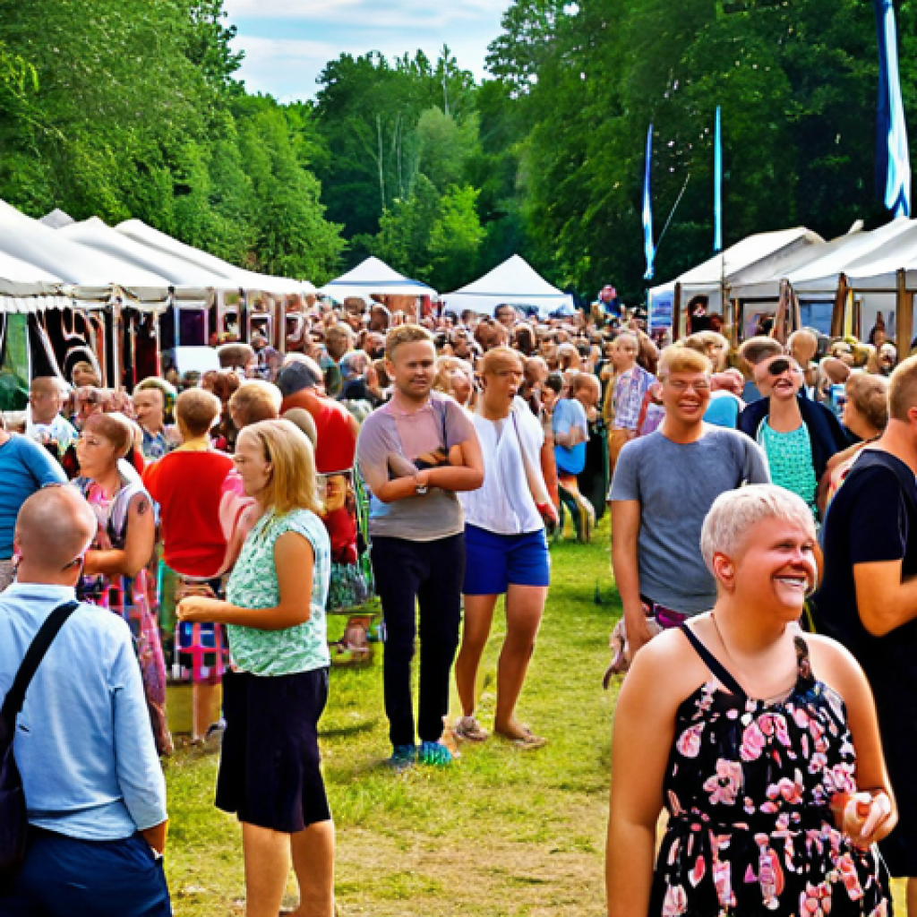**A vibrant summer festival in Pärnu, Estonia, with people mingling, laughing, and enjoying live music. Capture the relaxed and welcoming atmosphere, showcasing traditional Estonian elements alongside modern festival vibes.**