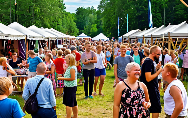 **A vibrant summer festival in Pärnu, Estonia, with people mingling, laughing, and enjoying live music. Capture the relaxed and welcoming atmosphere, showcasing traditional Estonian elements alongside modern festival vibes.**