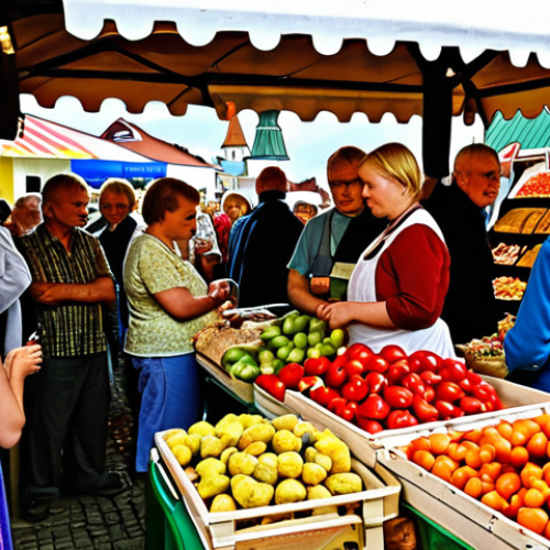Home 7 **A bustling Estonian market scene near Tallinn.** Focus on the frustration of a traveler searching for an ATM, unable to use their card at a stall selling local crafts and produce. Capture the vibrant colors of the market contrasting with the traveler's stressed expression. Consider including elements that evoke a sense of Estonian culture (traditional patterns, local food).