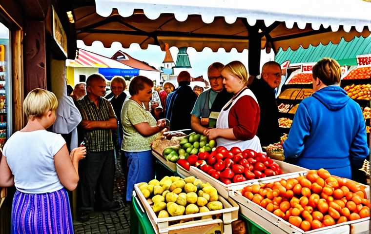 **A bustling Estonian market scene near Tallinn.** Focus on the frustration of a traveler searching for an ATM, unable to use their card at a stall selling local crafts and produce. Capture the vibrant colors of the market contrasting with the traveler's stressed expression. Consider including elements that evoke a sense of Estonian culture (traditional patterns, local food).